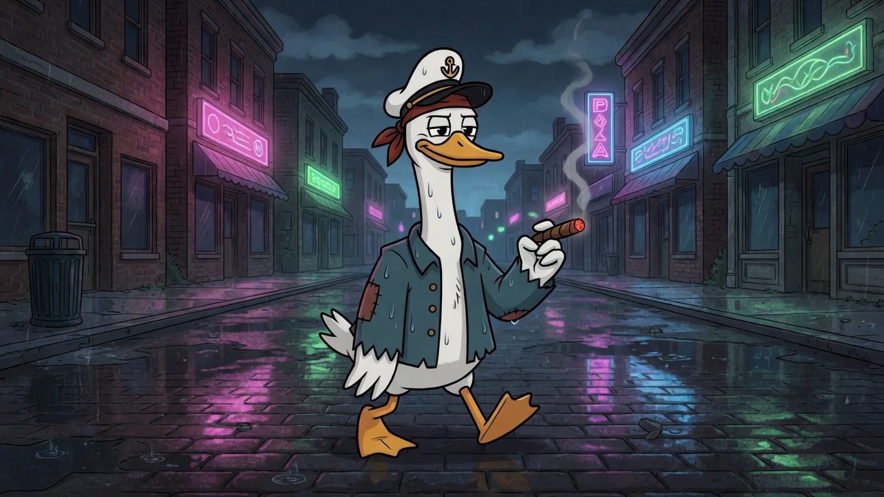 Captain goose strolling a rainy neon street with a cigar.