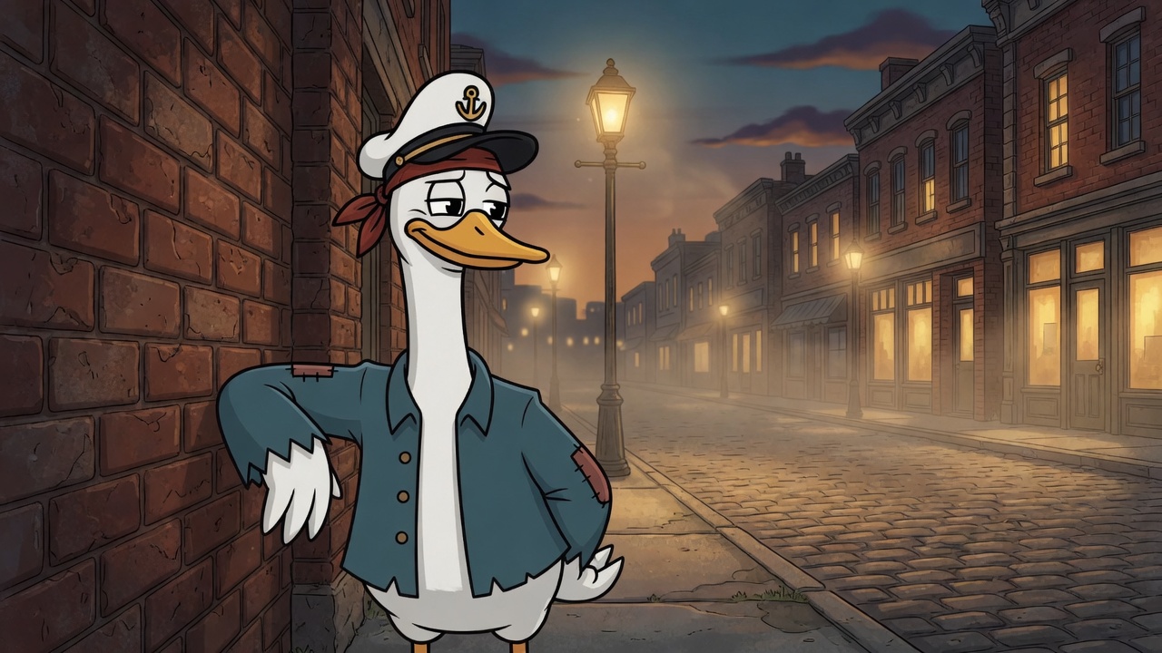 Captain goose leaning on a brick wall, looking down a dusk street of glowing shop windows.