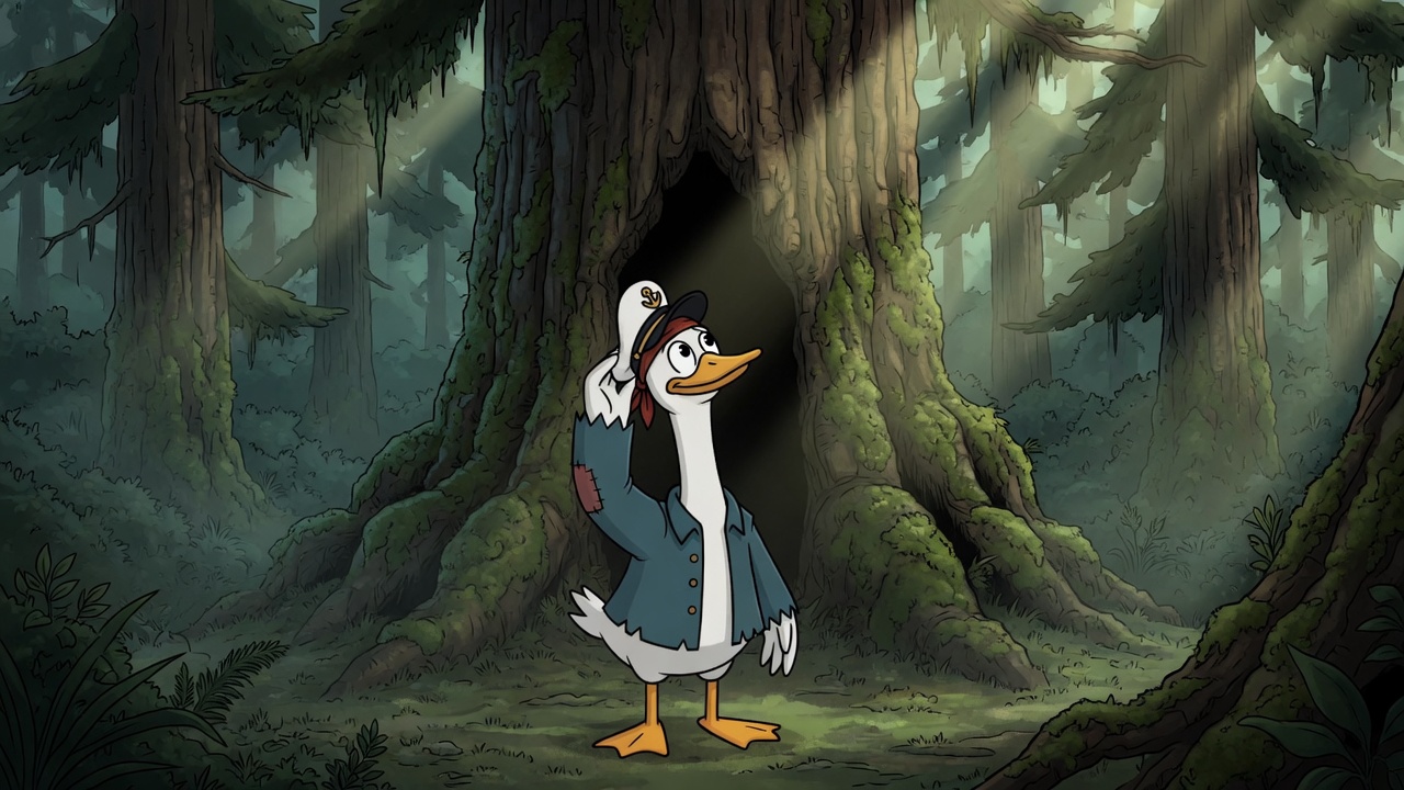 Captain goose looking up a hollow old-growth tree, holding his hat on.