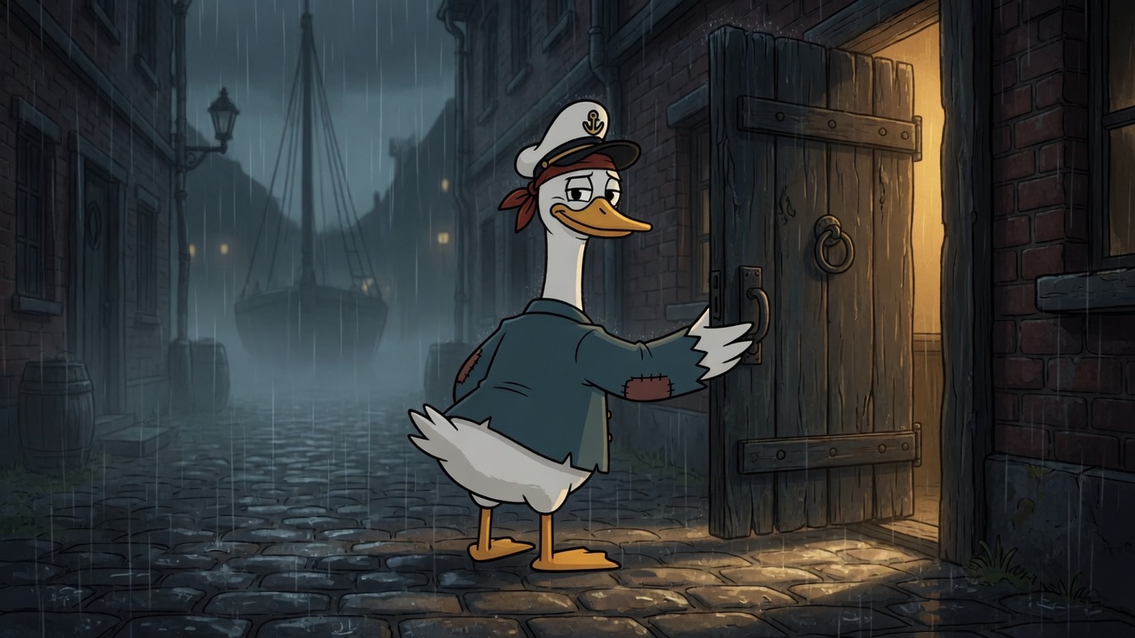 Captain goose holding a tavern door open in the rain, looking back like you coming.