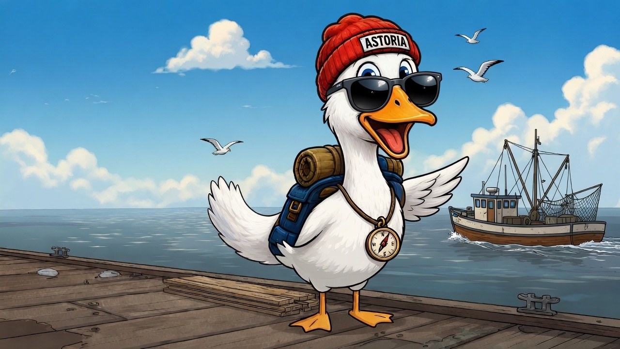 The little Goose in a red ASTORIA beanie on a flat dock, pointing at a passing fishing boat.