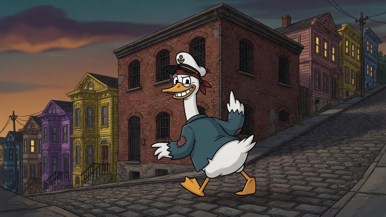 Captain goose walking a steep street, looking back with a grin, Victorian houses and a brick jail behind him.