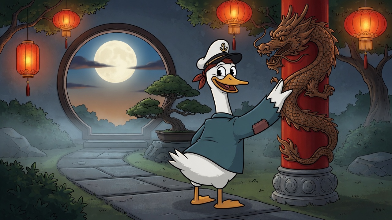 Captain goose reaching up to touch a dragon carved on a red pillar by a moon gate.