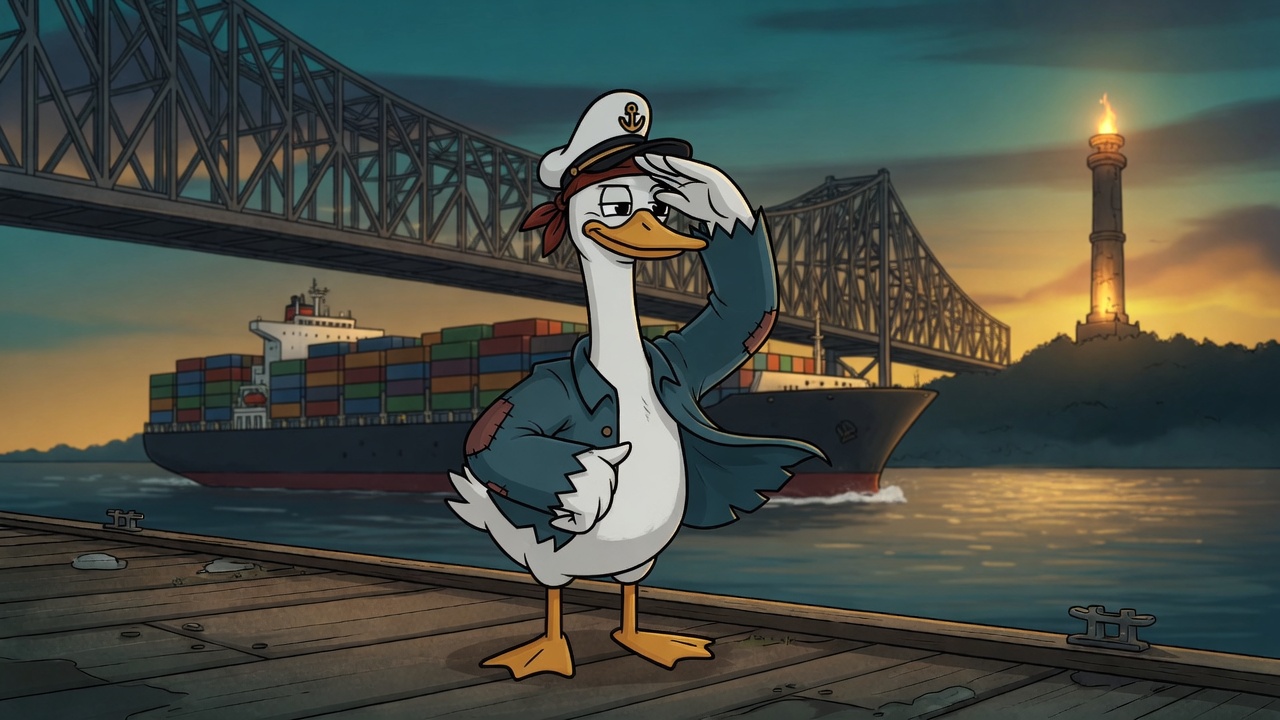 Captain goose on a dock, shading his eyes, watching a ship pass under the bridge.