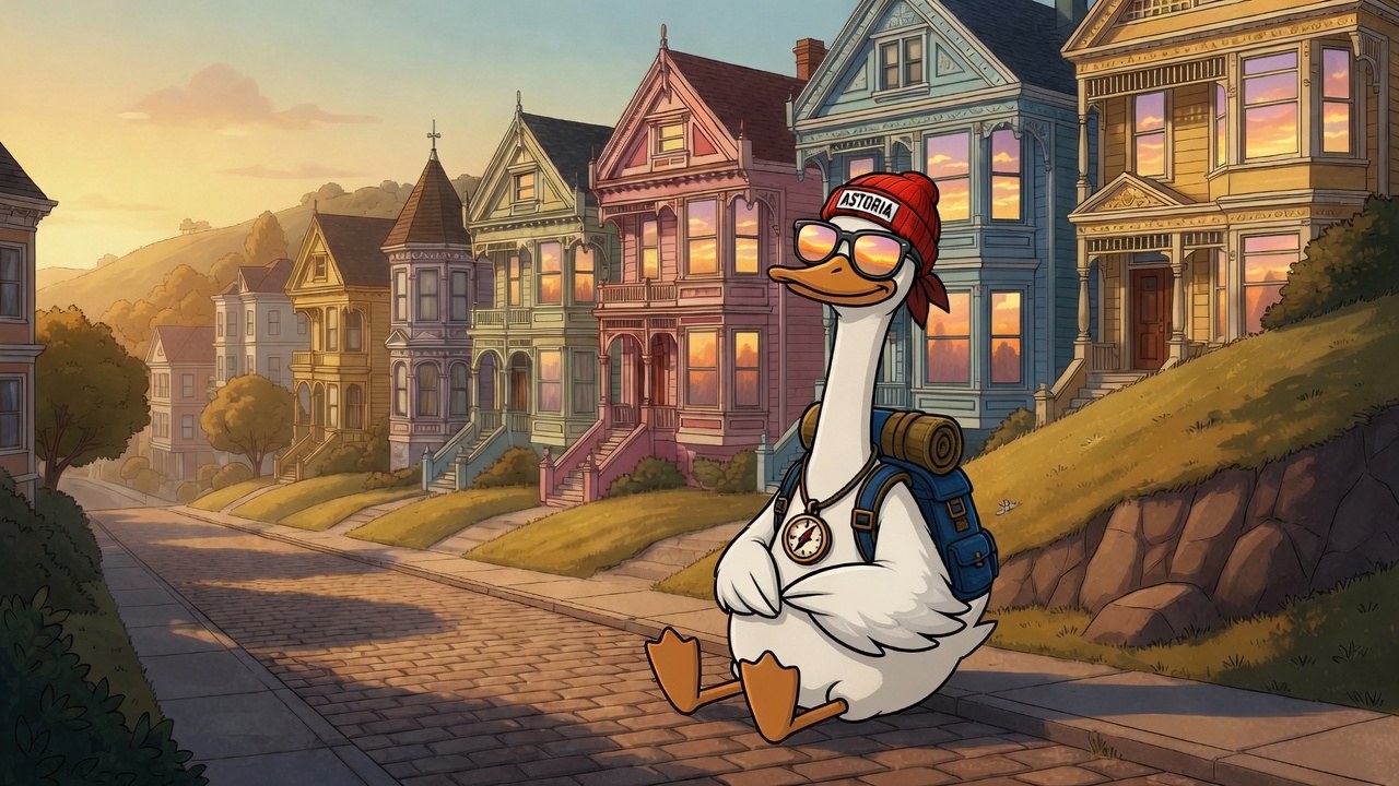 The Goose sitting on a curb, looking up at colorful Victorian houses with a quiet, impressed smile.