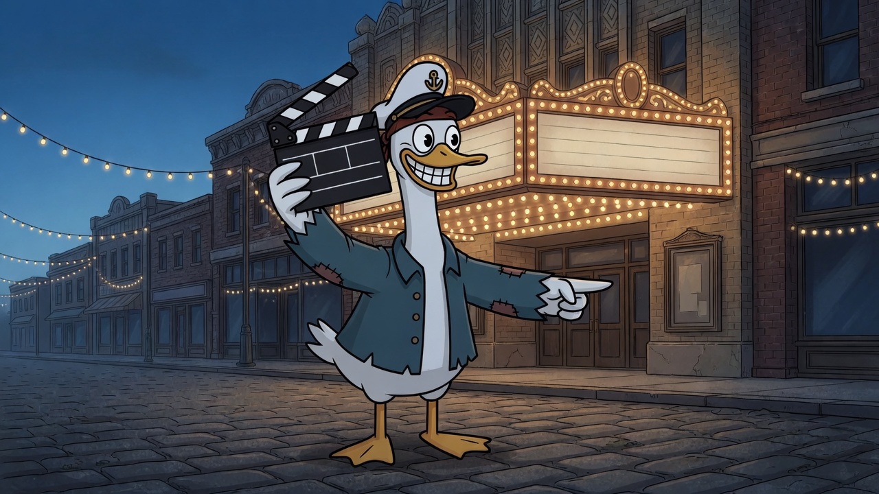 Captain goose playing director, clapperboard up, pointing toward a glowing movie-palace marquee.