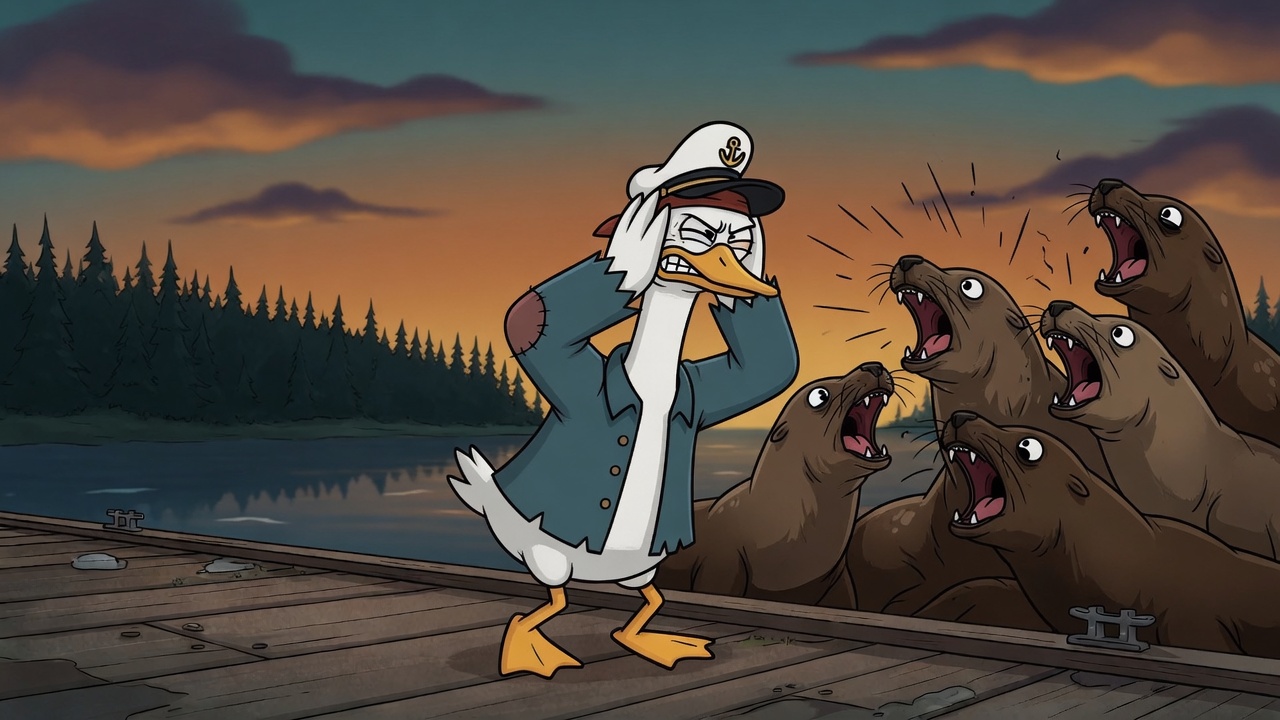 Captain goose covering his ears while sea lions roar in his face.