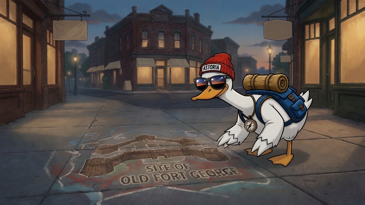 The Goose crouched on a downtown sidewalk, grinning at a fort outline painted in the pavement.