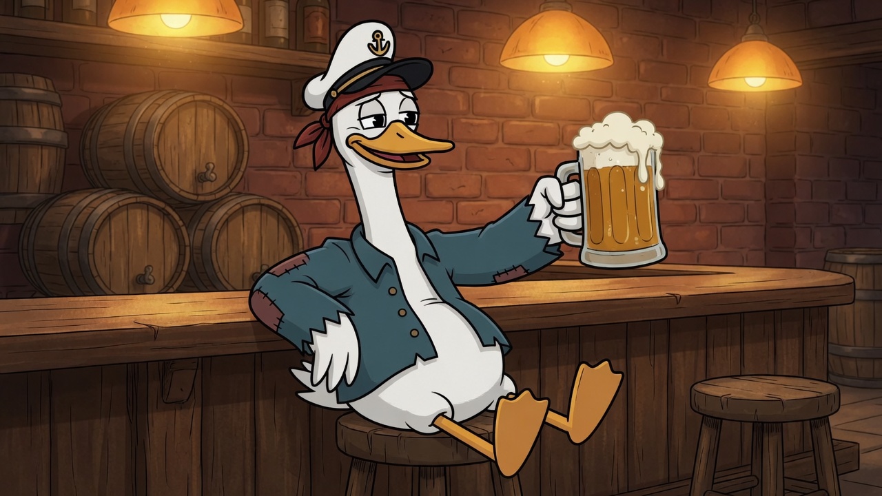 Captain goose on a tavern stool toasting with a pint.
