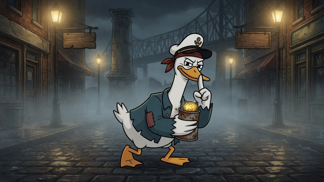 Captain goose sneaking down a foggy street with a rusty coffee can, finger to his beak.