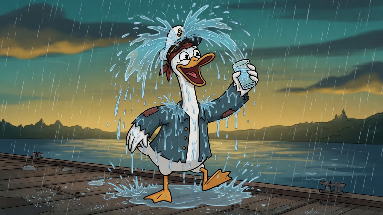 Captain goose on a rainy dock, dumping a glass of water over his head, feet in a puddle.