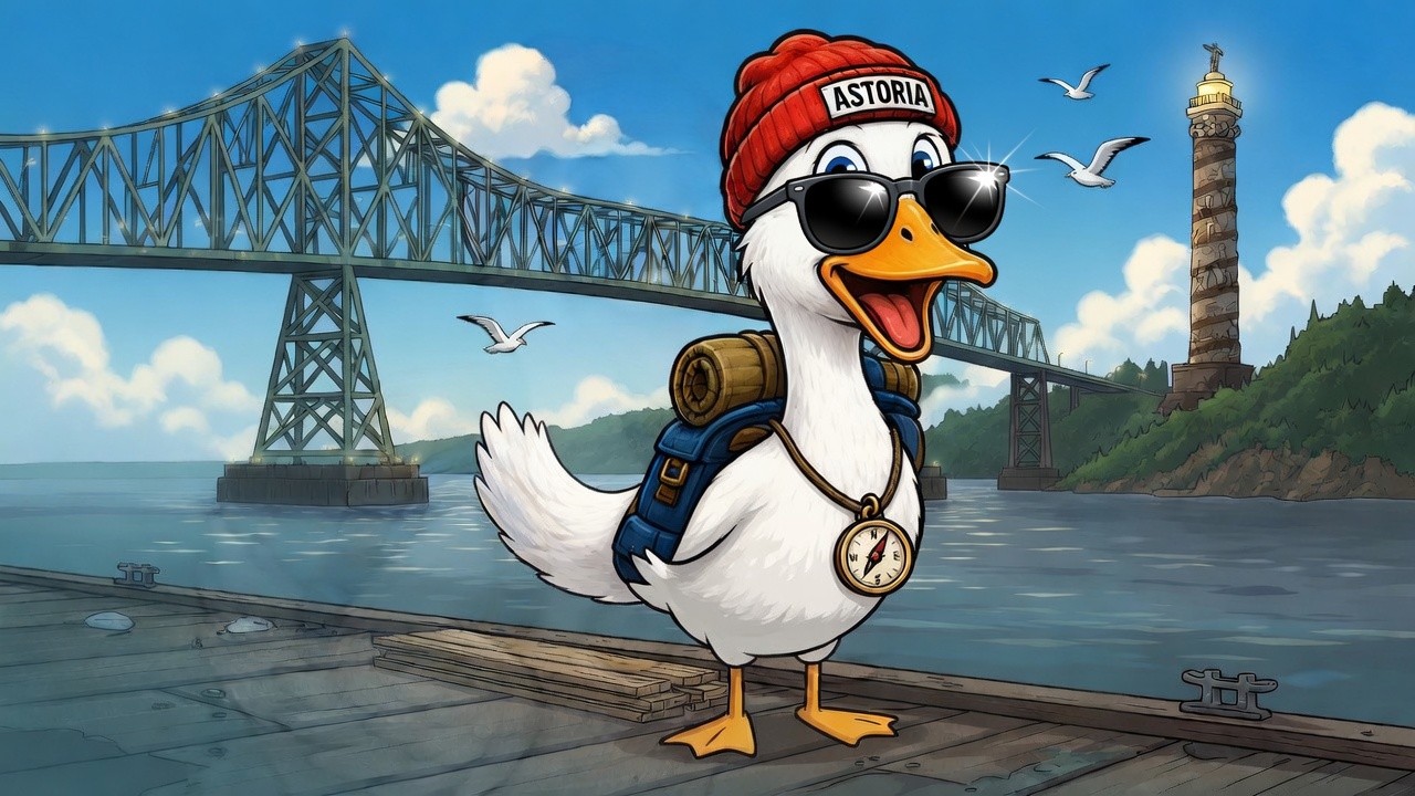 The little Goose in a red ASTORIA beanie on a flat Astoria dock.