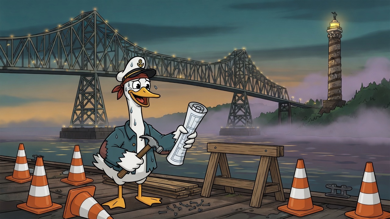 A captain goose hard at work on the Astoria dock, with the Megler Bridge and the Column behind him.